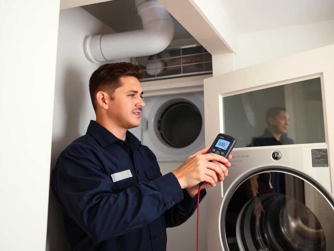 Technician measuring dryer vent airflow in a Peninsula condo laundry room